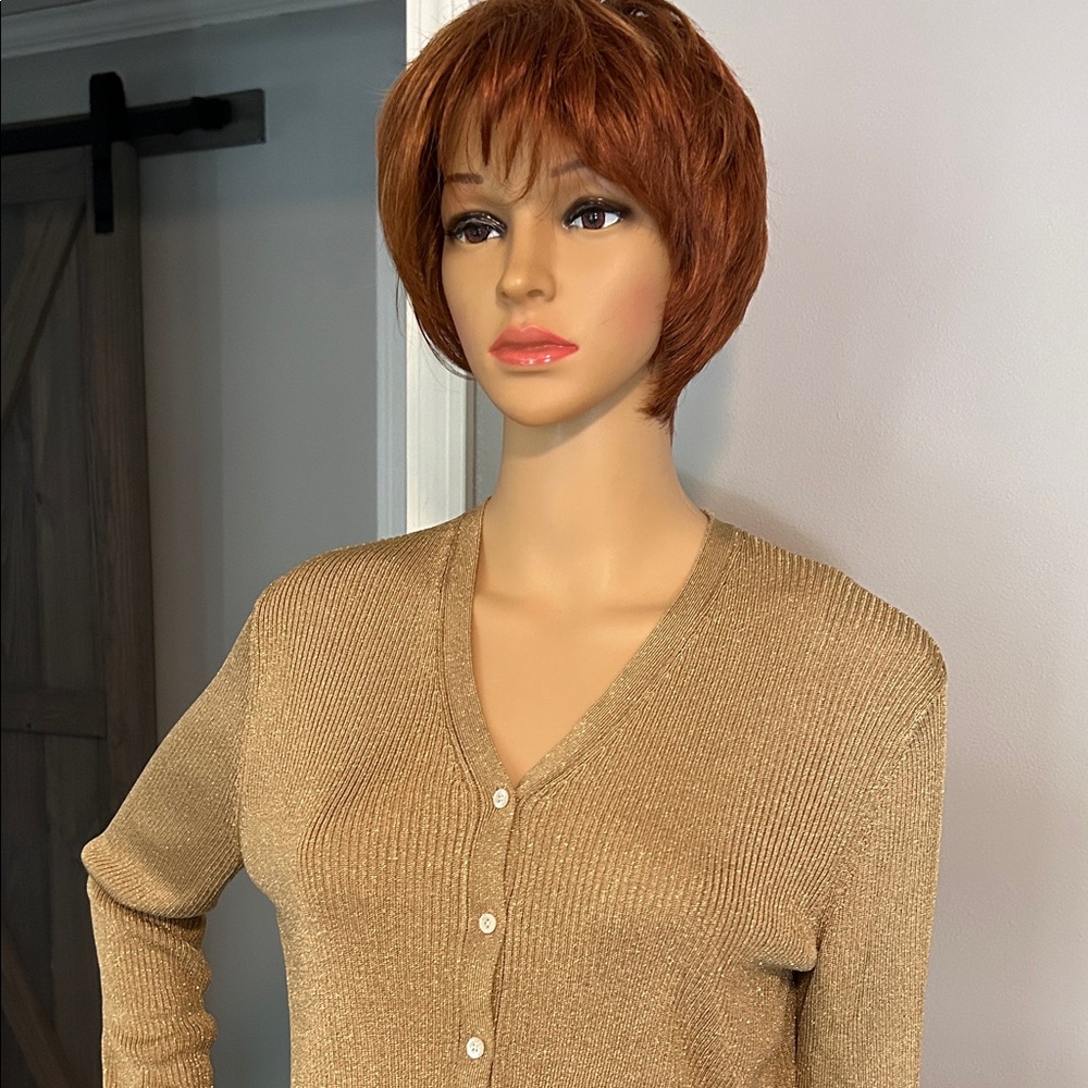 Lauren Ralph Lauren Vintage  Gold Metallic V-Neck Button-Up Women's Sweater - Picture 2 of 8